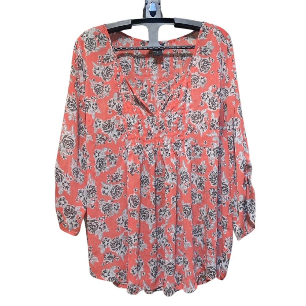 Torrid Coral Sheer Chiffon Floral Print Pleated V-Neck 3/4 Sleeve Women's Blouse